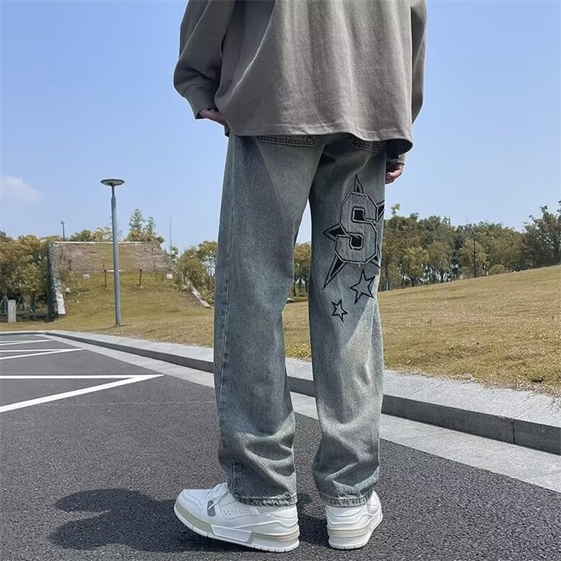 美式高街复古牛仔裤水洗做旧宽松刺绣直筒长裤N5009P43图片