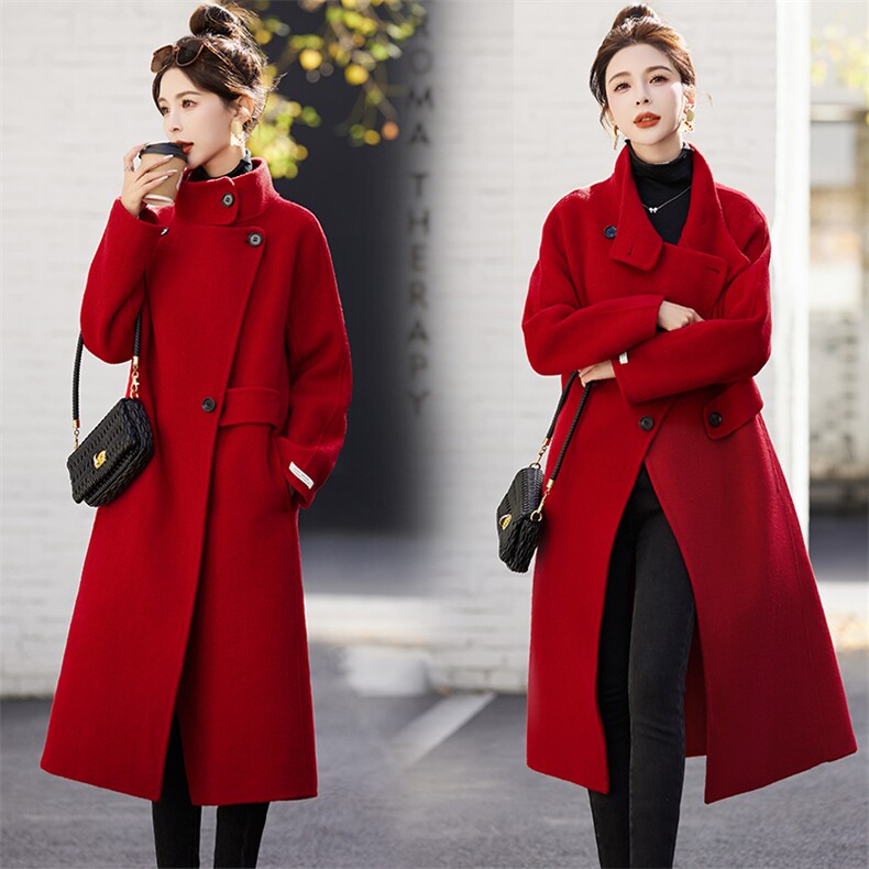 美拉德双面羊绒大衣女中长款2023冬新款立领本命年红色羊毛呢外套，女装双面呢大衣，乐吉娜