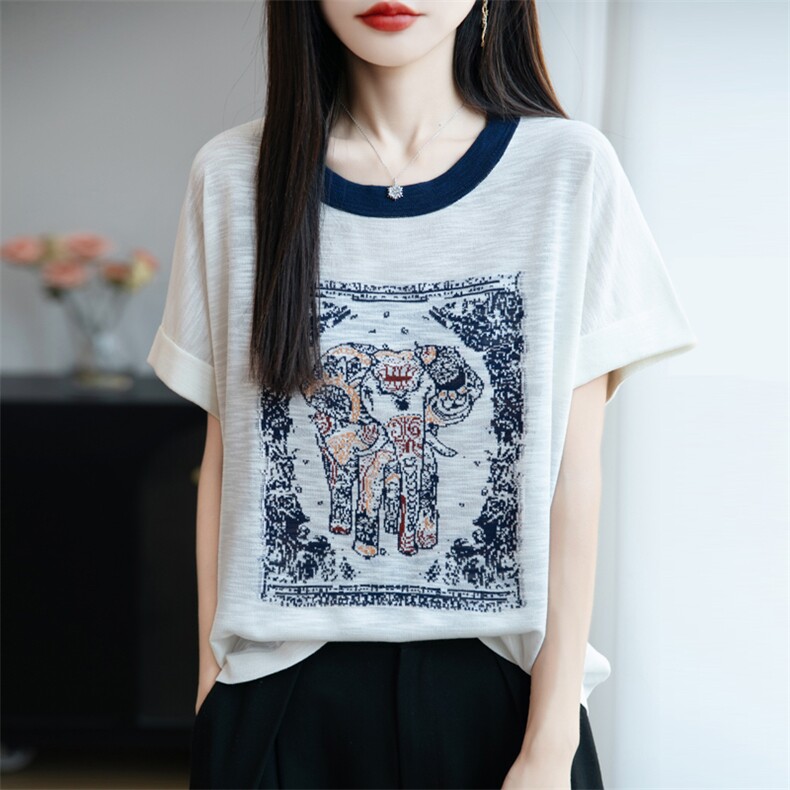 夏季新款竹节麻拼色圆领大象印染短袖百搭显瘦上衣时尚休闲T恤,女装T恤,贵皇网供仓