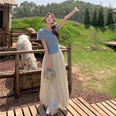 韩版甜美蕾丝拼接系带上衣套装女2025夏季新款度假风半身裙两件套，女装套装/套裙，2C353