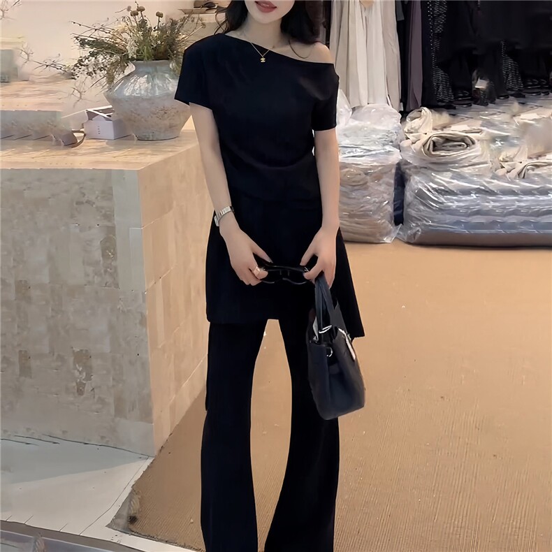 女夏季新款时尚洋气套装纯色斜肩收腰短袖上衣蕾丝屁帘长裤两件套,女装套装/套裙,江南