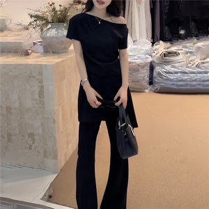 女夏季新款时尚洋气套装纯色斜肩收腰短袖上衣蕾丝屁帘长裤两件套图片