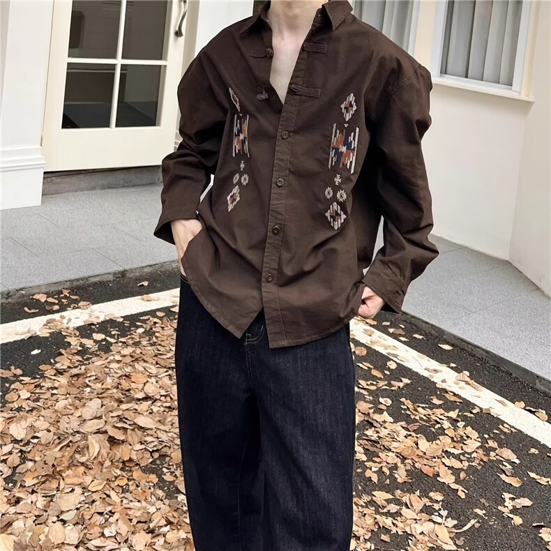 新中式刺绣盘扣民族风长袖衬衫男士宽松衬衣外套复古宽松休闲秋季,男装民族服装,星座813-2