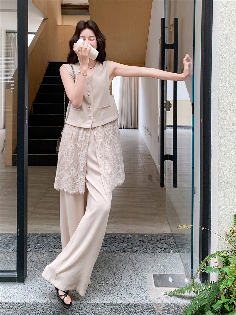 韩系松弛感蕾丝拼接马甲套装女2026夏季新款休闲阔腿裤两件套,女装套装/套裙,流量+