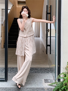韩系松弛感蕾丝拼接马甲套装女2026夏季新款休闲阔腿裤两件套图片