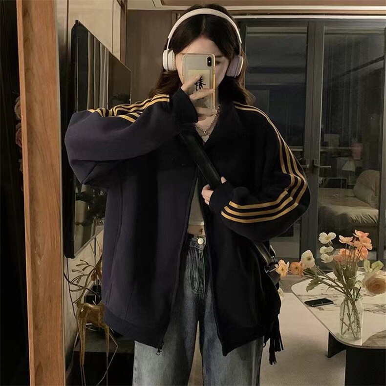 撞色三条杠拉链开衫外套女春秋款运动休闲宽松夹克C829-P88,男装夹克,星座911-2(原星座613-2）