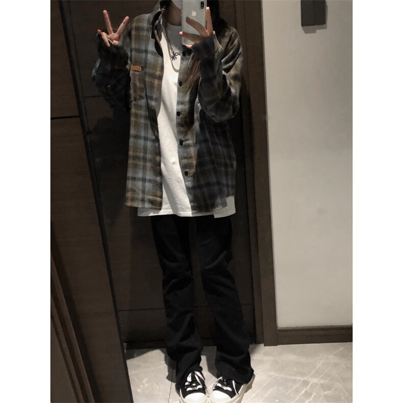 【有货】蓝棕色格子衬衫男设计感高级衬衣美式复古外套C40LL-P43,男装衬衫,星座1007（原301D）