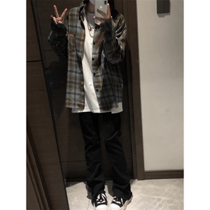 【有货】蓝棕色格子衬衫男设计感高级衬衣美式复古外套C40LL-P43图片