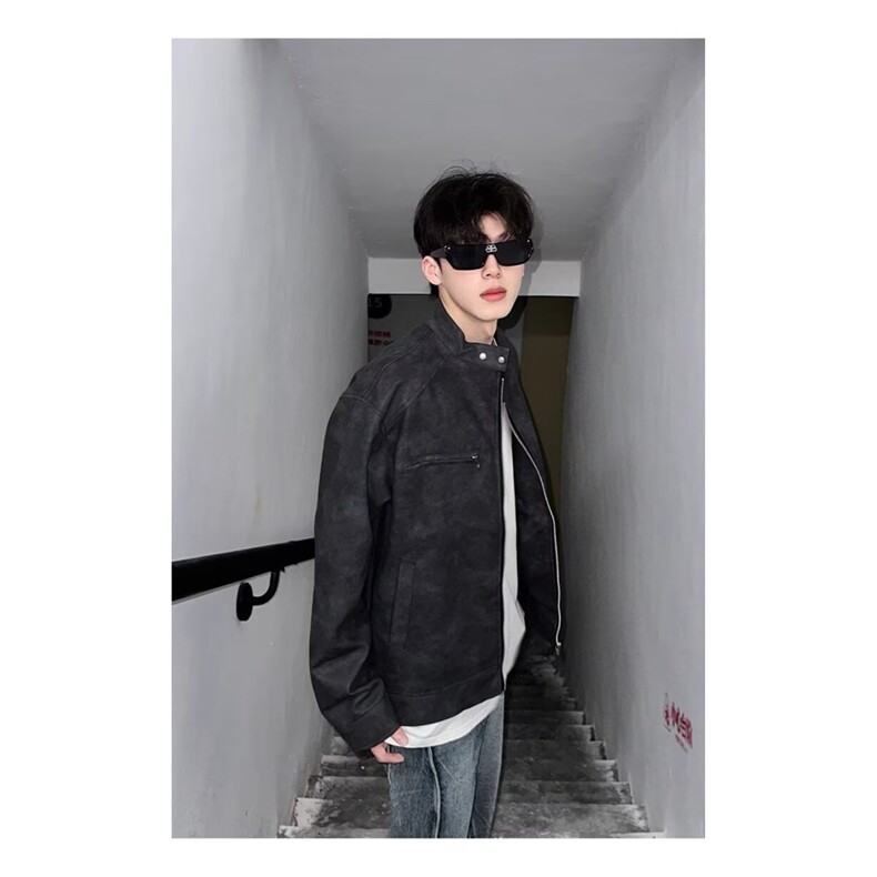 J418-P60美式潮流皮衣外套男春秋季新款复古百搭拉链宽松机车服,男装皮衣,电商B323A