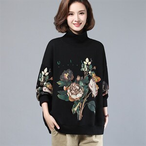 春装女装2022年款潮韩版时尚印花高领卫衣女宽松显瘦长袖上衣图片