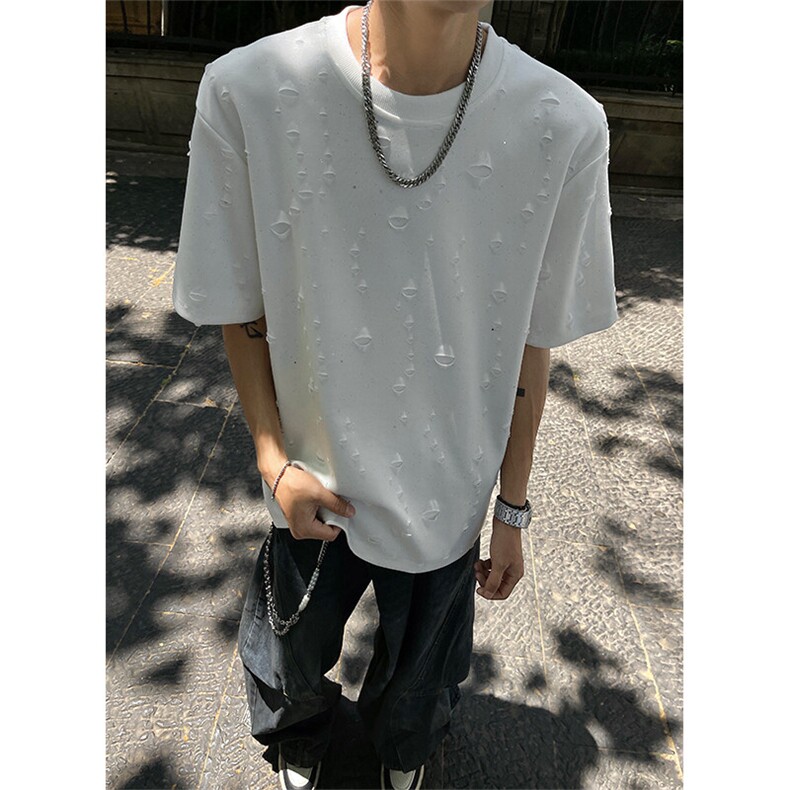 T322-特P20控48 220克夏季潮流破洞满天星圆领短袖男宽松打底衫图片