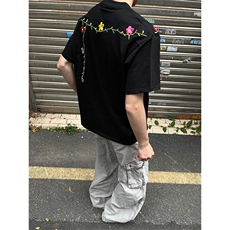 嘻哈美式高街花卉刺绣设计感短袖男女潮牌宽松重磅空气层情侣T恤，男装T恤，星座506A