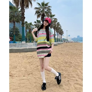 美式条纹镂空衬衫男女撞色宽松休闲针织衫百搭短袖套头A6088-p40图片