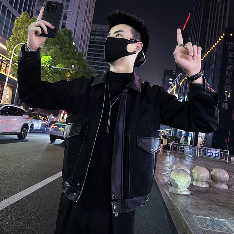 男士拼接翻领机车皮衣外套夹克A368-P8810-P118,男装夹克,电商A368