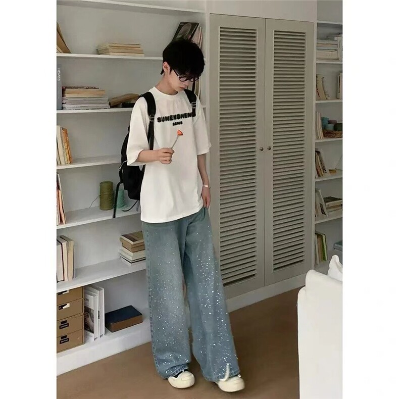 美式复古潮牌设计感烫钻牛仔裤男女阔腿宽松高级感裤子N24-P81，男装牛仔裤，星座208-5