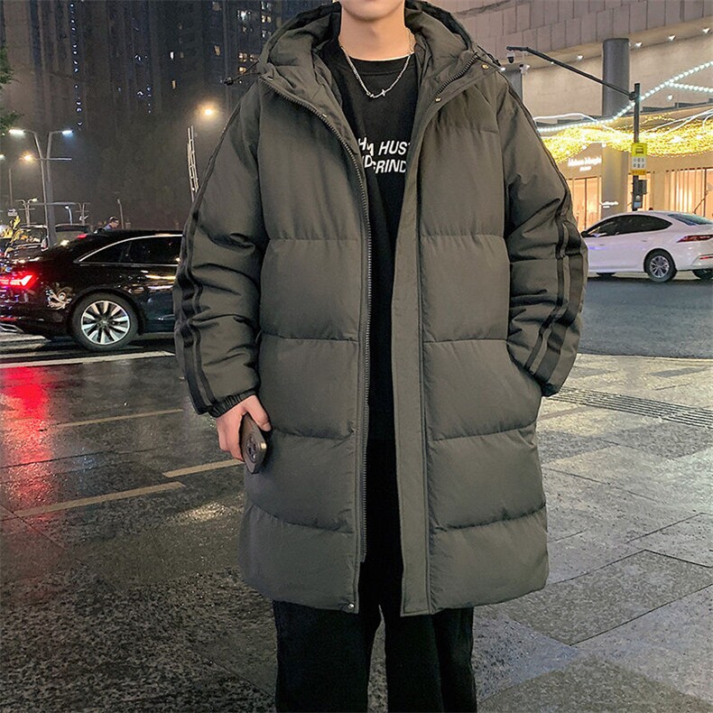 侧边条纹连帽中长款棉衣男宽松潮流冬季加厚御寒保暖棉服大衣外套,男装棉衣,电商A409-1