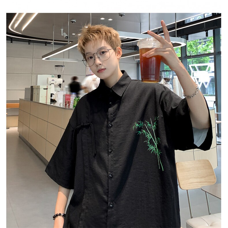 中式复古竹子印花竹节棉垂感短袖袖衬衫CS2411特p42控78抖音控89,男装衬衫,电商B370