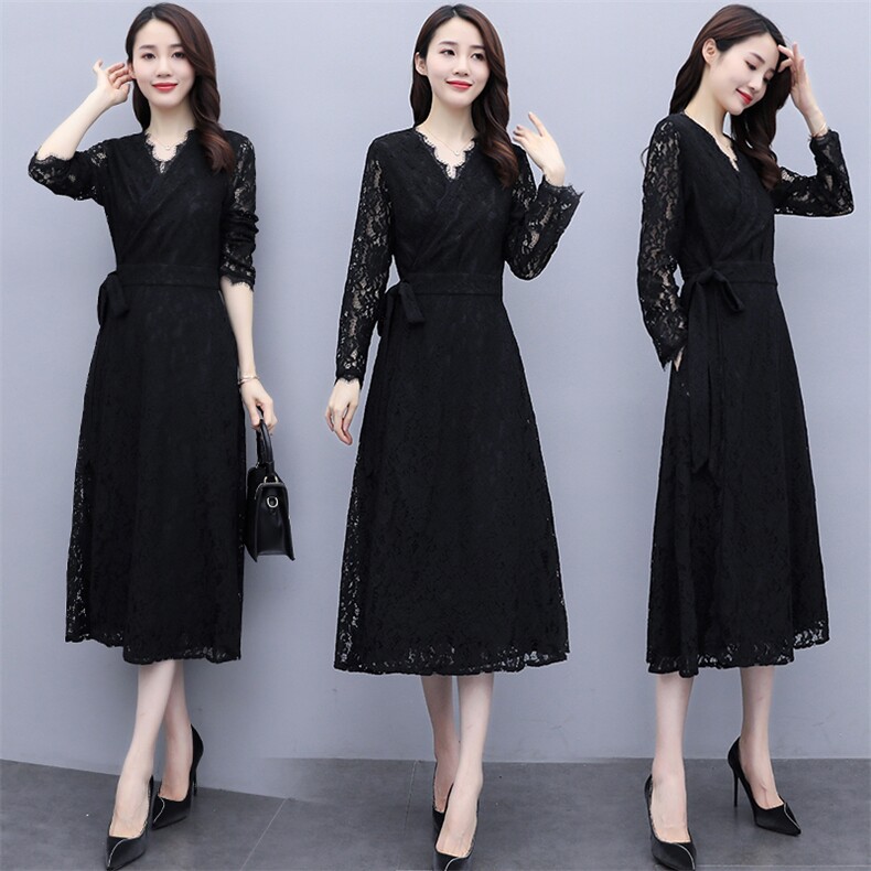 2021春秋季新款优雅气质V领蕾丝连衣裙，女装连衣裙，香香