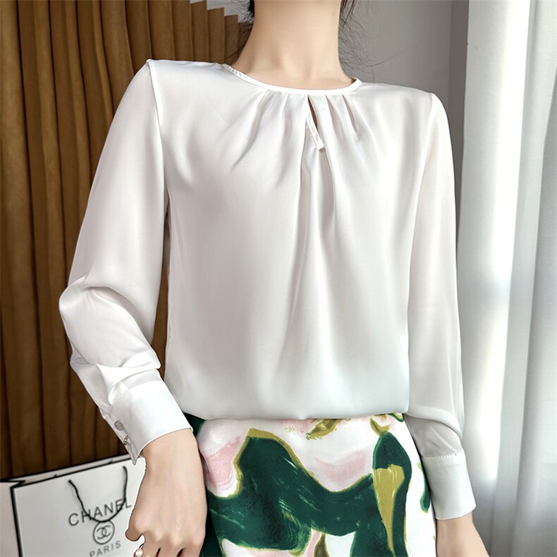 圆领长袖套头纯色简约百搭2025年春季衬衣，女装衬衫，朝贺羊绒