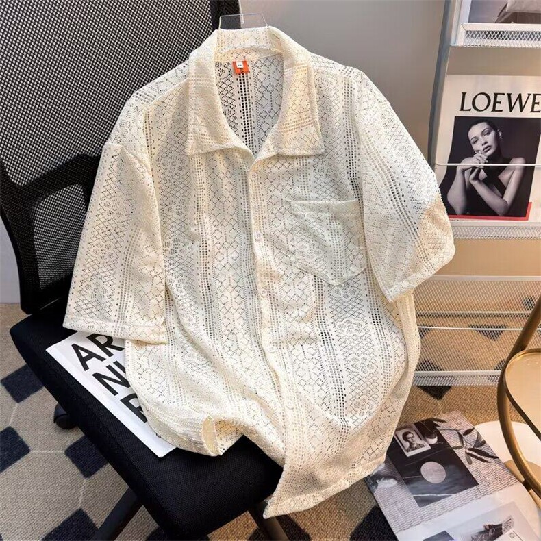 衬衫男女夏季薄款垂感镂空古巴领沙滩旅游防晒服度假风短袖-C3111,男装衬衫,星座601-1
