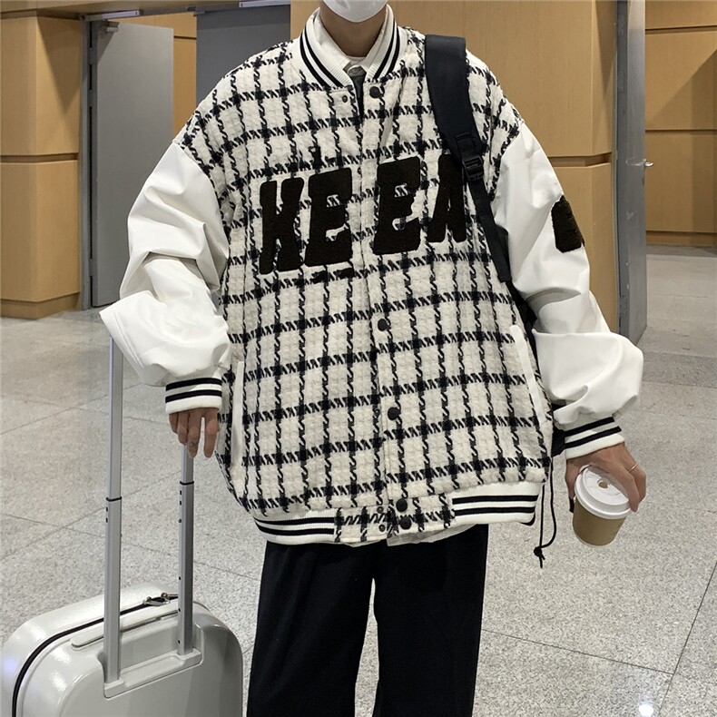 EQ85毛巾绣棒球服外套男格子编织夹克2024新款春装港风P113,男装夹克,电商C306-1
