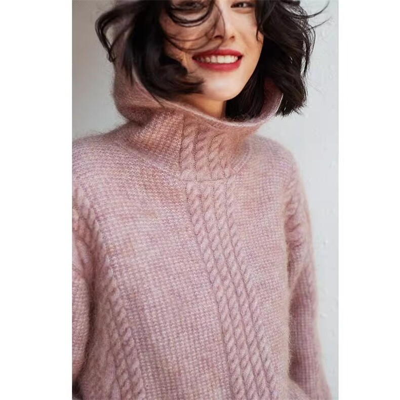 2025年秋季新款百搭女士麻花绞花粉色连帽衫，女装羊毛衫，宛庄羊绒