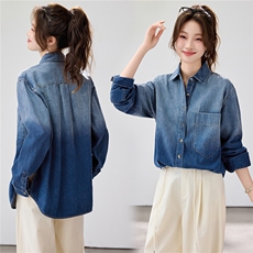 2026年春季新款时尚渐变色单口袋牛仔衬衫女宽松长袖翻领外套衬衣，女装衬衫，艾米