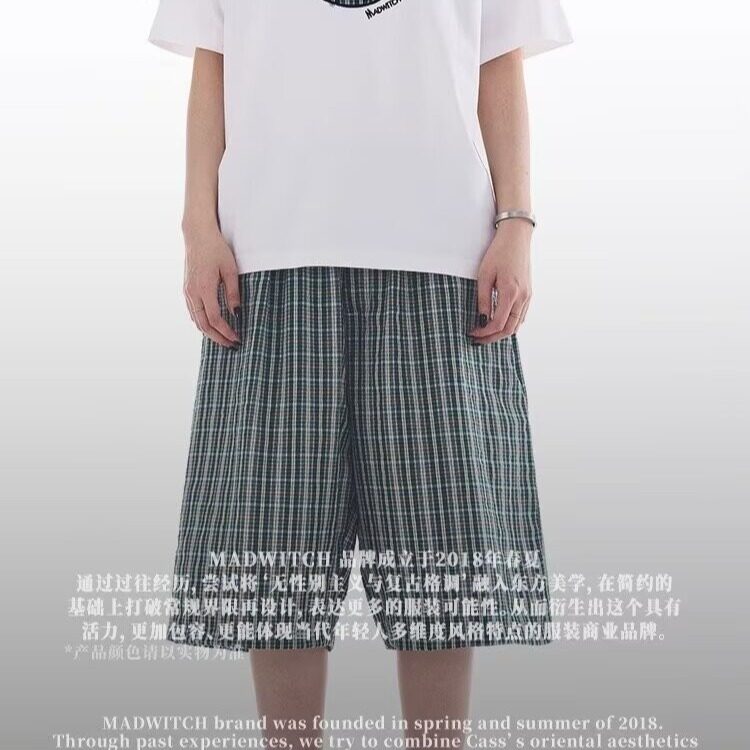 美式复古格子格纹宽松廓形七分裤男女夏季慵懒风直筒休闲裤青少年,男装牛仔裤,星座715-4