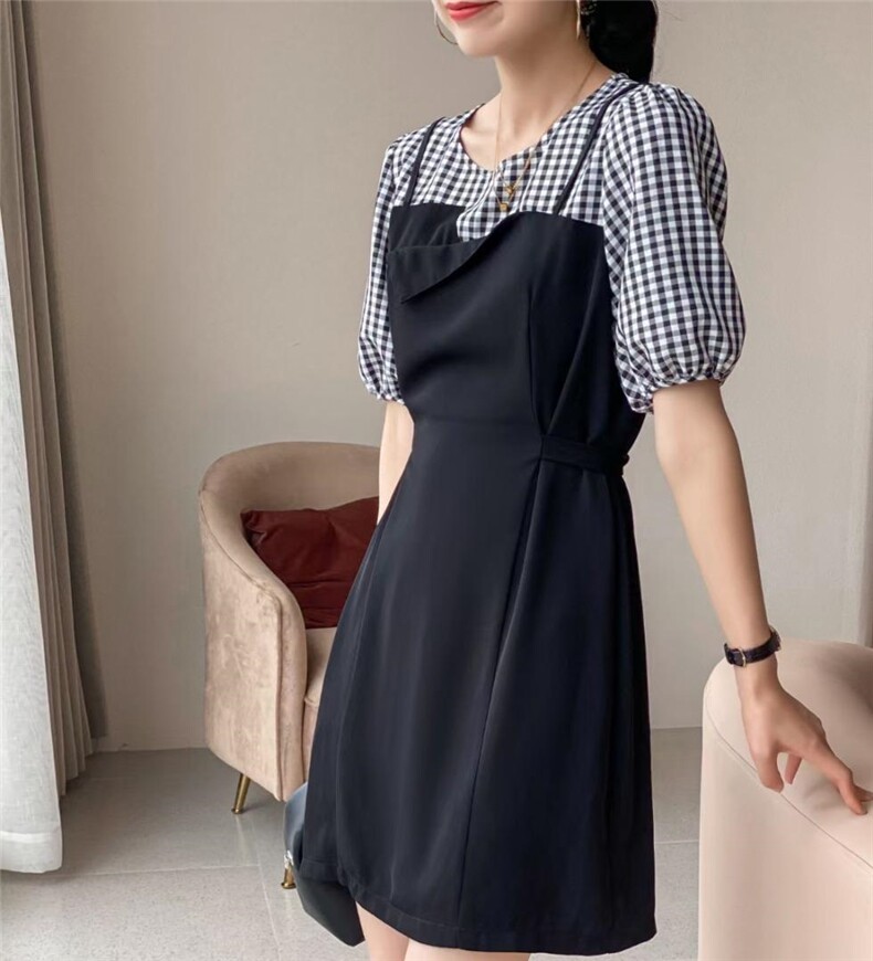 现货夏款。格子拼接连衣裙，女装连衣裙，谷斯