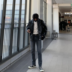 816B-PY016-P105 韩风男士宽松连帽皮夹克黑色痞帅皮衣图片