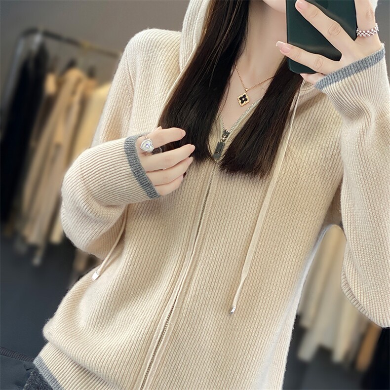 DM2343轻奢重工羊毛连帽开衫羊毛,女装羊毛衫,狄美羊绒