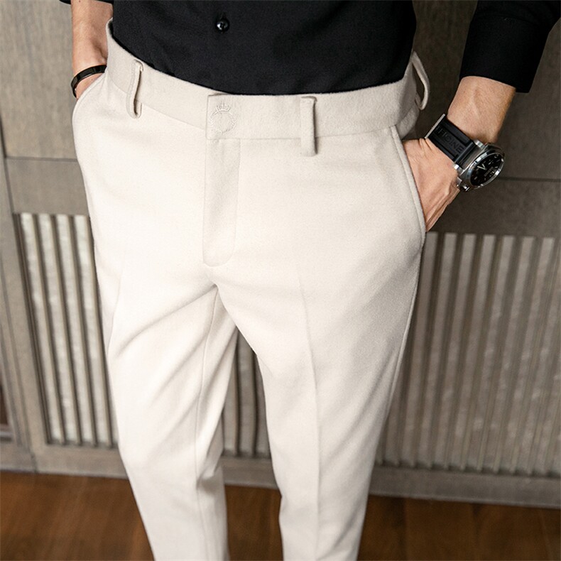 A103-P65秋冬毛呢料加厚新款休闲裤男式长裤小西裤带绣花-米白色，男装西裤，电商A211