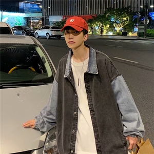 撞色拼接牛仔外套男春秋季韩版潮流宽松上衣港风日系复古休闲夹克图片