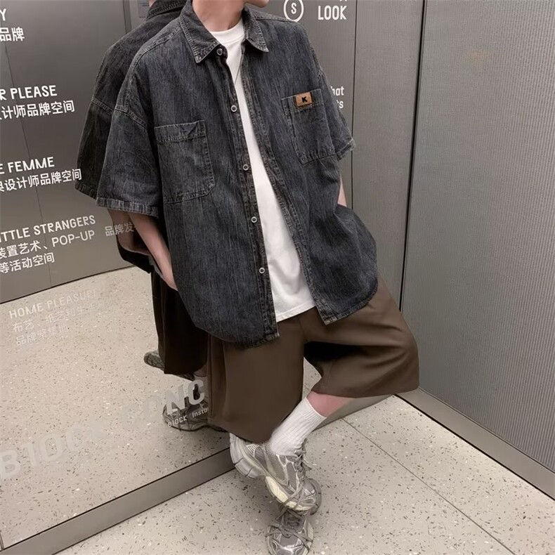 新款时尚都市港风潮牌衬衫流行男夏季宽松型气质潮流五分袖图片
