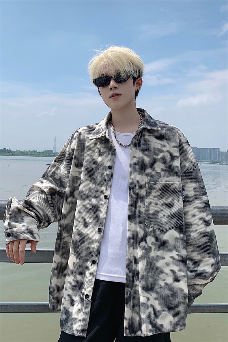 衬衫男秋季新款港风宽松大码灯芯绒扎染长袖衬衫CS8108-P42,男装衬衫,星座214-3