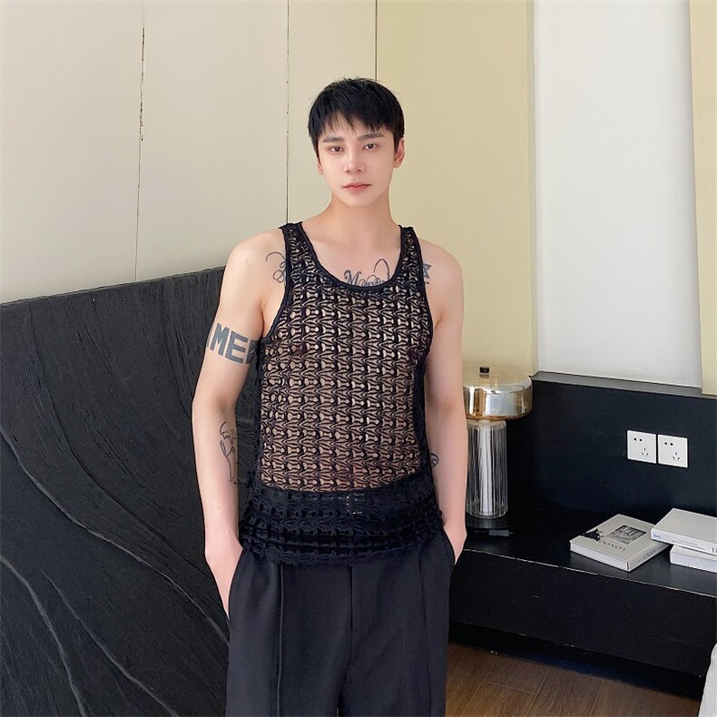 夏季轻薄镂空纯色勾花背心男U领无袖外穿休闲马甲A345-262-P55,男装背心/马甲,电商A345