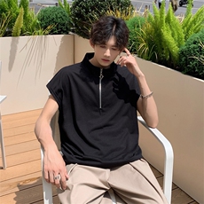 现货夏季薄款宽松宽肩无袖立领运动坎肩背心纯色拉链t恤BX08-P35，男装背心/马甲，星座205-5