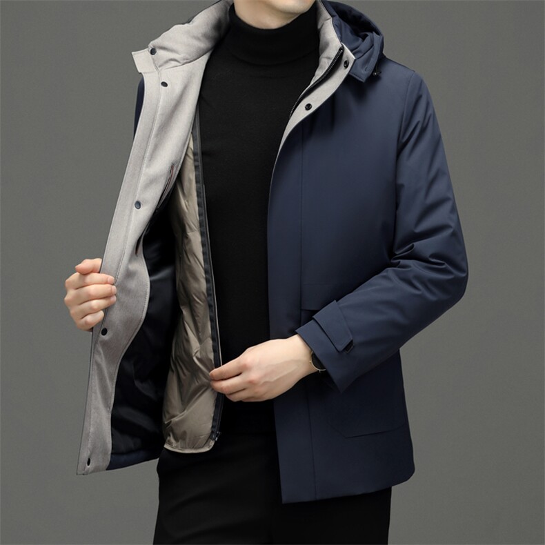 冬季新款男士鹅绒羽绒服中年爸爸装可脱卸内胆连帽上衣保暖外套图片