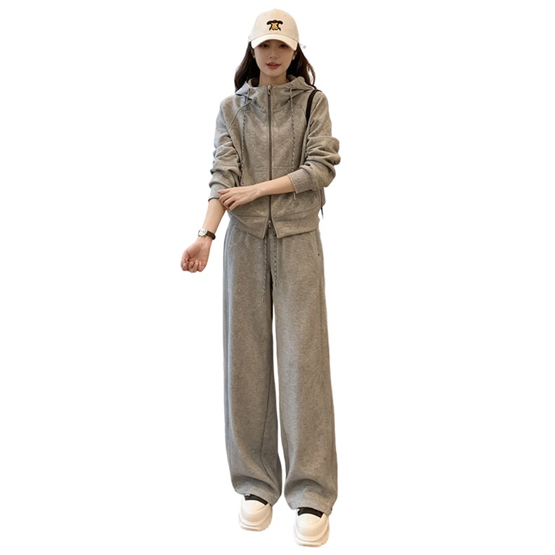 休闲运动套装女春季新款纯色拉链开衫卫衣抽绳阔腿长裤显瘦两件套,女装套装/套裙,2C310