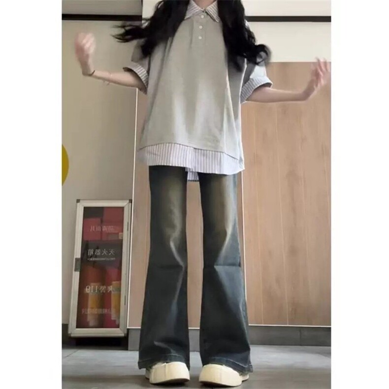 H0999-P40现货#原版蓝条纹包边拉肩休闲学院风短袖T恤,女装T恤,星座617A-2