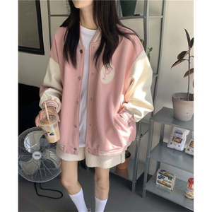 5624-P35美式复古港风宽松撞色长袖夹克棒球服外套图片