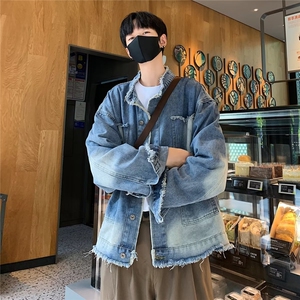 复古牛仔外套潮牌男短款毛边设计高级痞帅休闲夹克上衣-WT62-p65图片