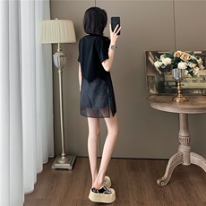 设计感小众时尚气质套装女夏新款圆领网纱拼接上衣牛仔短裤两件套，女装套装/套裙，江南