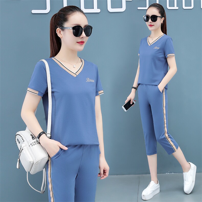 休闲运动套装女夏2023新款韩版时尚短袖七分裤两件套洋气跑步服潮,女装套装/套裙,燕颉服饰