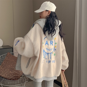 韩版刺绣加绒加厚连帽羊羔毛开衫女秋冬拉链外套C558-P110图片