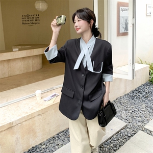 韩版韩系V领西服拼接单排扣西装学院风纽扣正装常规春秋气质长袖图片
