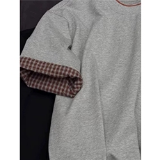 网图美式格子翻边设计短袖T恤双层撞色圆领体恤衫男H1088特P30，男装T恤，电商A341
