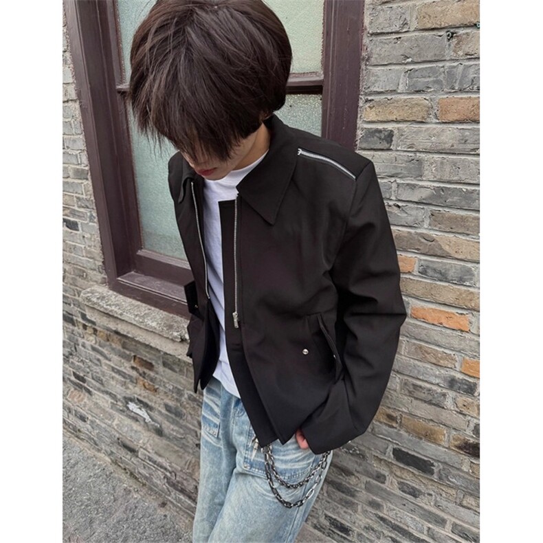 短款cleanfit垫肩外套男款秋拉链小众设计感翻领正肩夹克JXZ126,男装夹克,星座1116A（原606A-3）