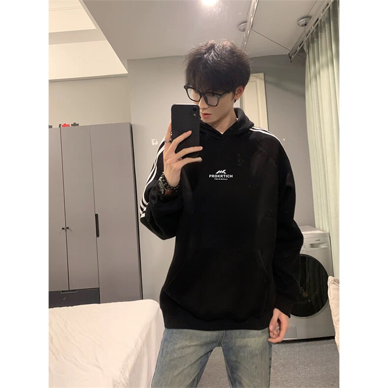 抖音得物品质480克全棉加绒织带连帽印花卫衣三条杠针织卫衣A0409图片