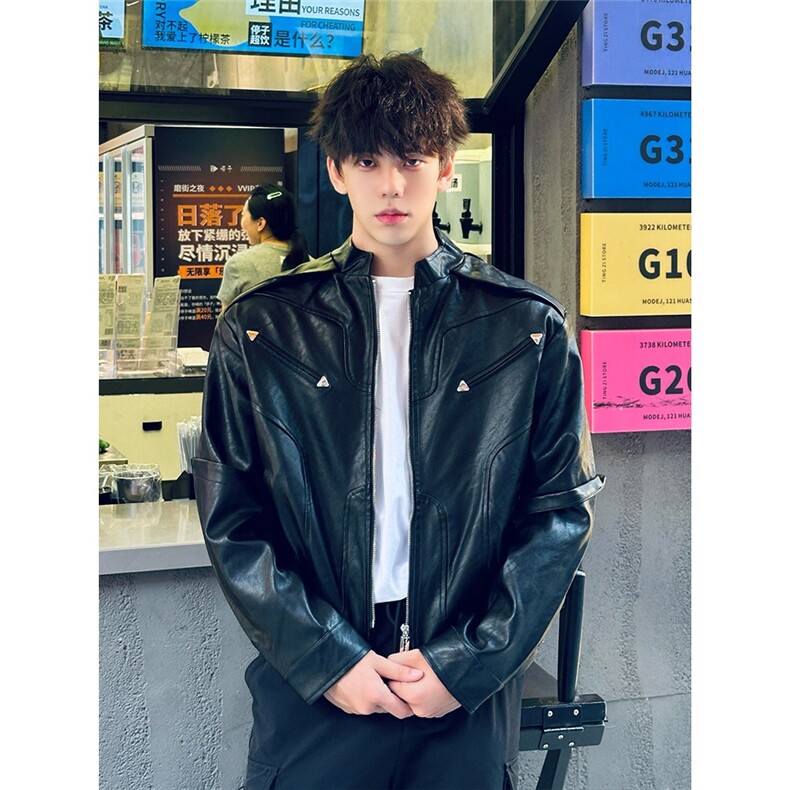 黑色立领pu皮衣外套男款春秋新款铆钉设计感短款机车服潮牌皮夹克，男装夹克，星座1210-1